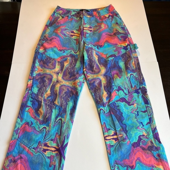 Blue Marble Swirl Trippy Utility Cargo Straight-Leg Pants Bottoms Jeans Sz S Y2K - Picture 3 of 8